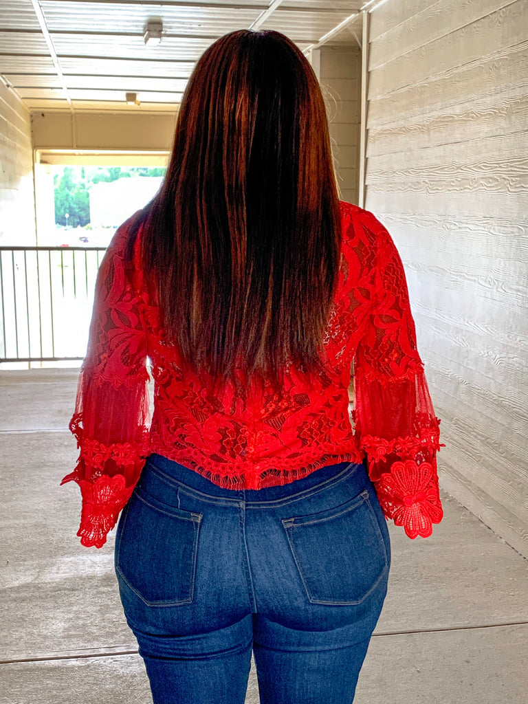 Red Lace Bell Sleeve Top