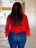 Red Lace Bell Sleeve Top